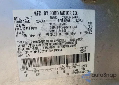 2011 Ford Edge Sel z USA, uszkodzony, nr VIN 2FMDK3JC1BBA19384